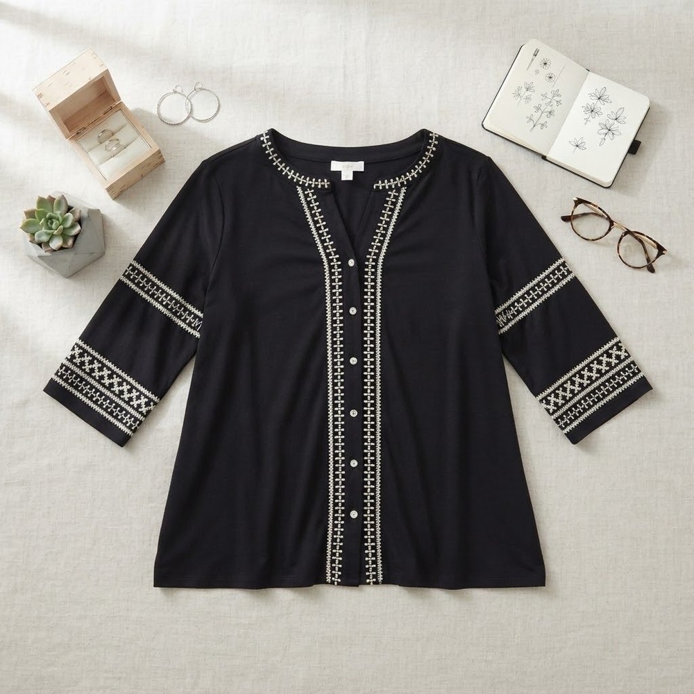 J. Jill Black Embroidered Button Front Knit Top 3/4 Sleeve Petite Large